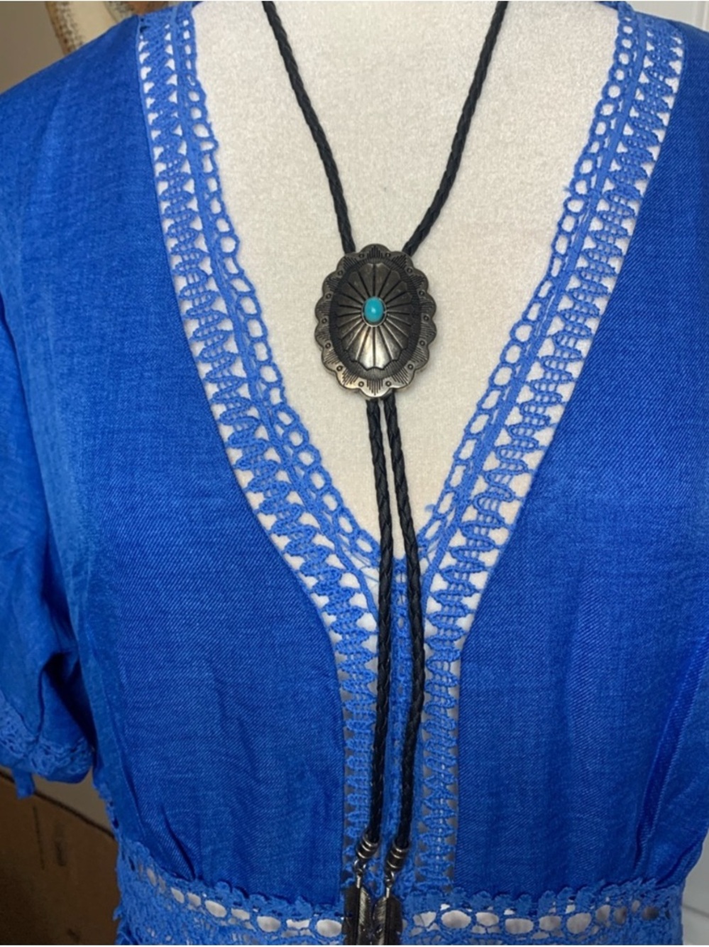 WESTERN Black Bolo Tie with Silver and Turquoise Accents Feather Aiguillettes